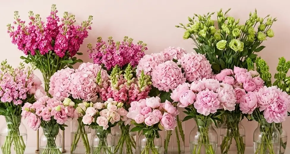 Home Designer&rsquo;s Choice - Slider featuring an elegant arrangement of pink hydrangeas, peonies, and stock flowers.