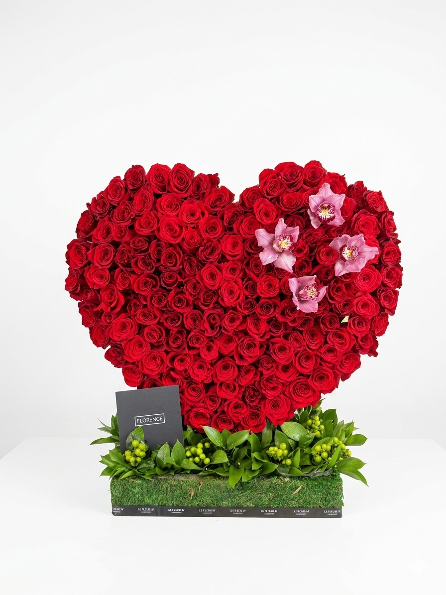 One in a Million - Standing Heart features vibrant red roses and delicate pink orchids, elegantly arranged in a heart shape.