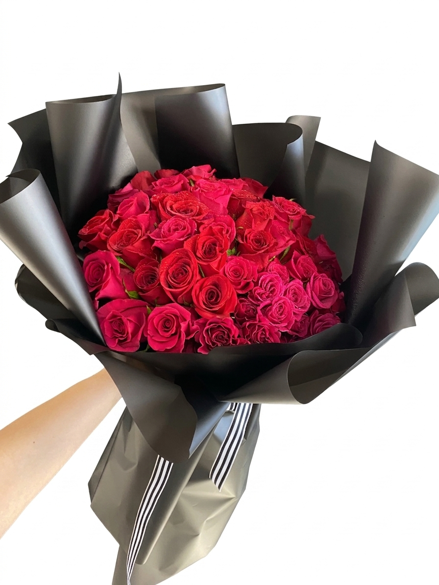Amore Infinito - Wrapped Bouquet featuring vibrant pink roses elegantly arranged in luxurious black wrapping.