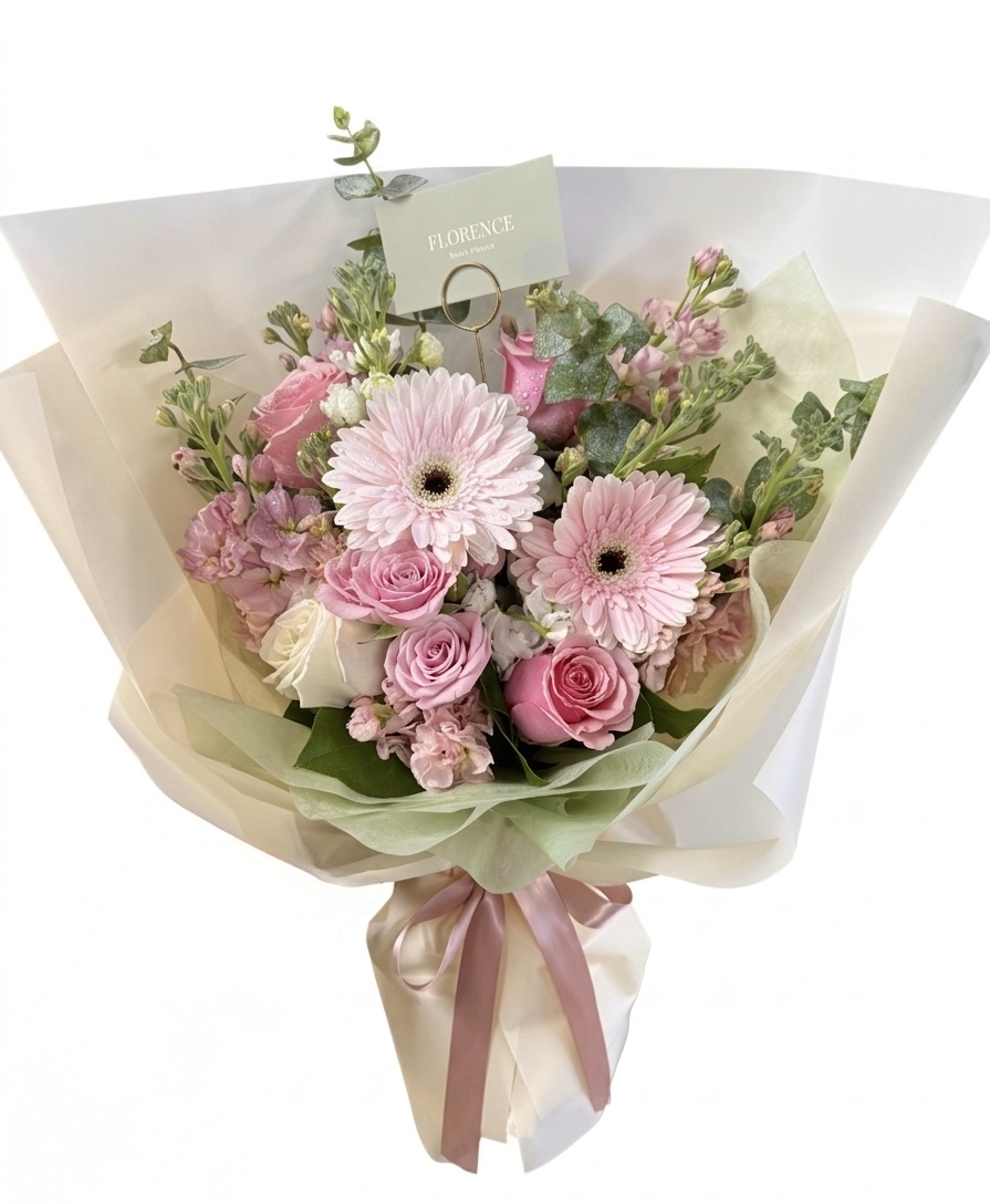 Primavera Bella - Wrapped Bouquet featuring soft pink roses, delicate gerberas, and lush greenery in an elegant arrangement.