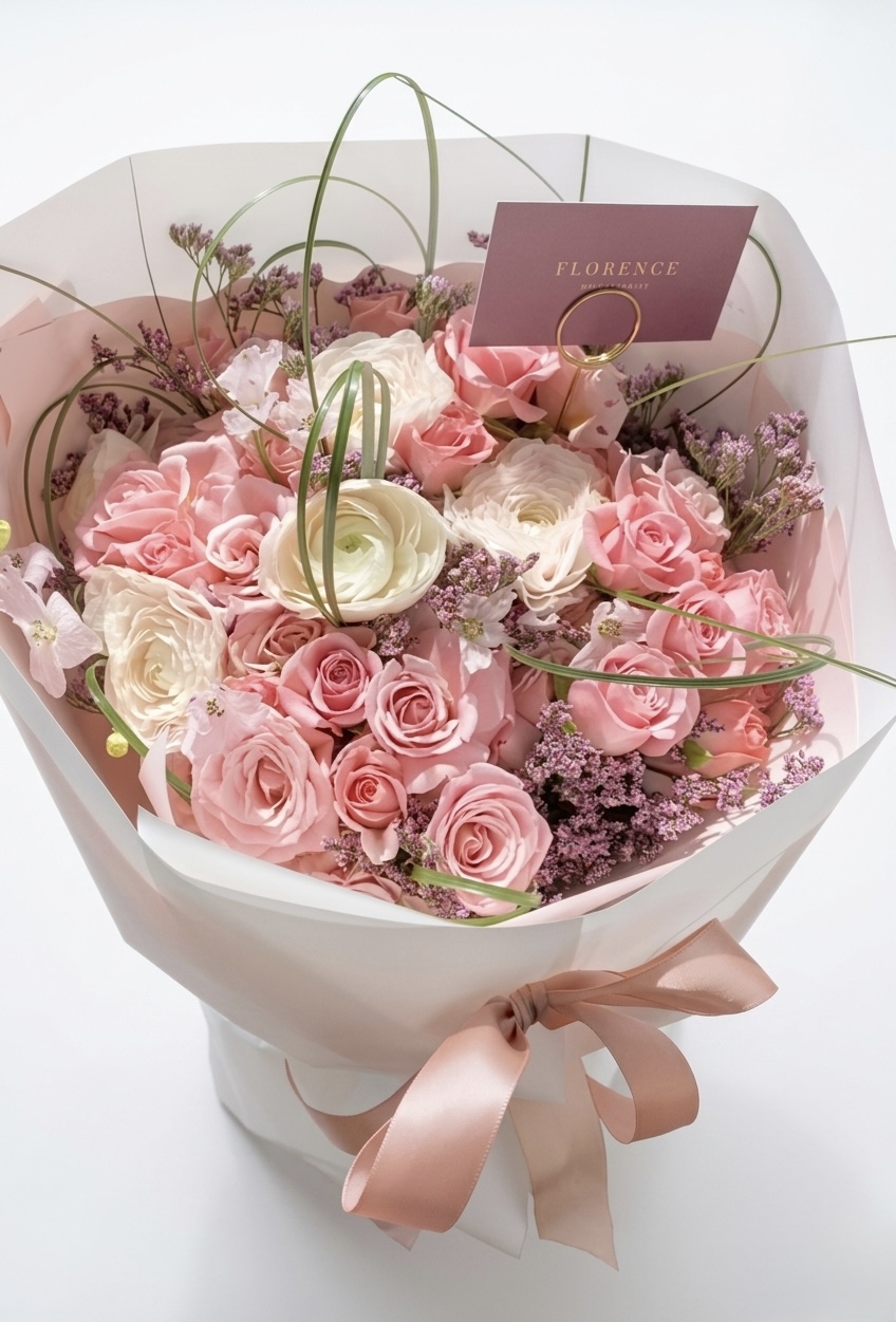 Flirt Alert - Wrapped Bouquet featuring soft pink roses, white ranunculus, and delicate lavender accents elegantly arranged.