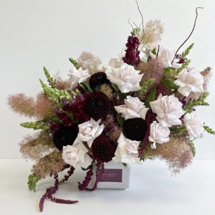 Elegant Moody Girl - Concrete Vase featuring soft pink roses, deep burgundy dahlias, and delicate greenery.