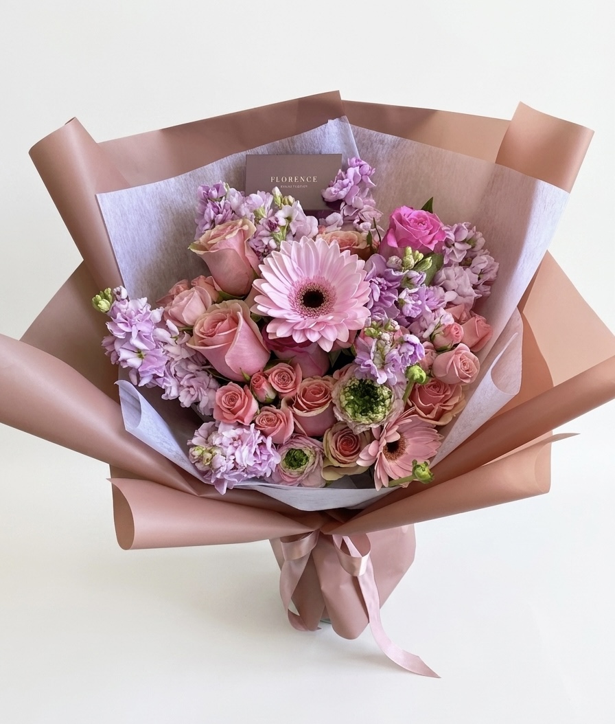 Acqua Di Rosa - Wrapped Bouquet featuring soft pink roses, delicate lilacs, and a vibrant pink gerbera daisy, elegantly arranged.