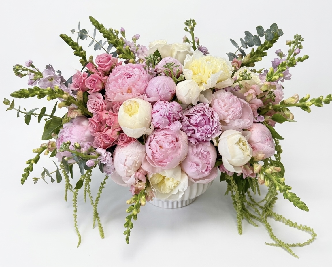 Luxurious Peonies Galore - Ceramic Vase featuring soft pink and white peonies, elegantly arranged with delicate greenery.