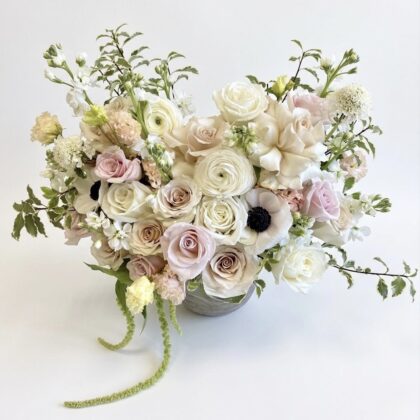 Luxury Mon Ange Doux Ceramic Vase Arrangement featuring soft blush, cream, and white roses with delicate greenery.