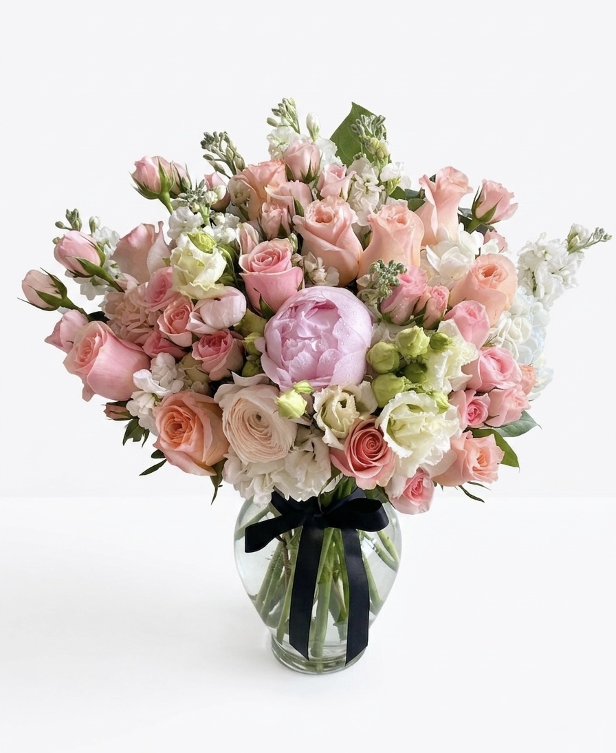 An elegant bouquet featuring soft pink roses, white peonies, and delicate greenery, arranged in a luxurious glass vase.