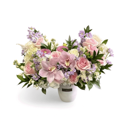 Madame Muse Ceramic Vase featuring Ethereal Floral Grace with pink orchids, roses, and lavender accents.