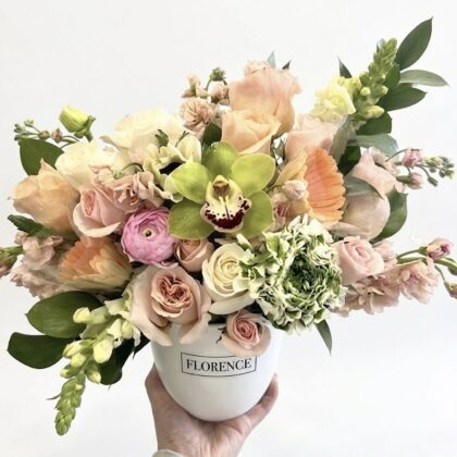 Exquisite Maison Minette Ceramic Vase for Luxury Decor featuring a lush arrangement of blush, peach, and lime green blooms.