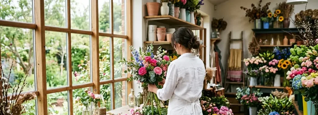 A florist arranging a vibrant bouquet of pink roses and blue flowers in a sunlit flower shop.