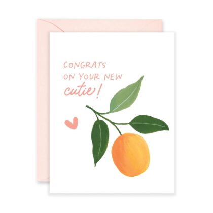 Congrats On Your New Cutie - Sweet Card featuring a painted orange fruit with green leaves and a small pink heart.