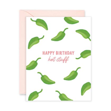 Happy Bday Hot Stuff! - Fun Greeting Card featuring a pattern of green jalape&ntilde;o peppers on a white background.