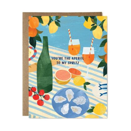 Cute Aperol To My Spritz Greeting Card featuring a painted picnic scene with citrus, oysters, and orange cocktails.