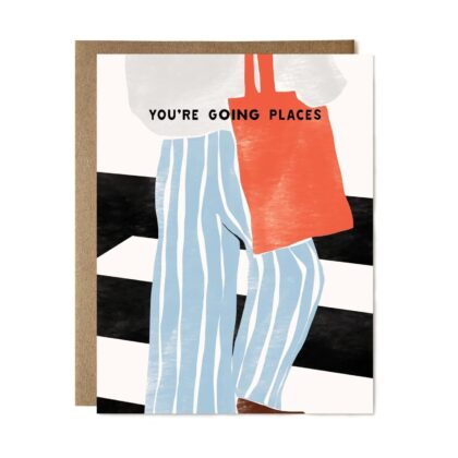 An elegant You're Going Places! Inspirational Greeting Card featuring a person in striped trousers walking on a crosswalk.