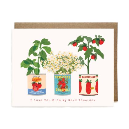 An Adorable I Love You Tomatoes Greeting Card featuring three vintage cans filled with daisies and tomato plants.