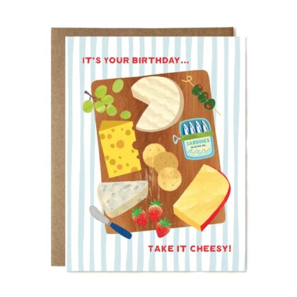 A Cheesy Birthday - Fun Greeting Card featuring a wooden board with cheese, sardines, grapes, and strawberries.