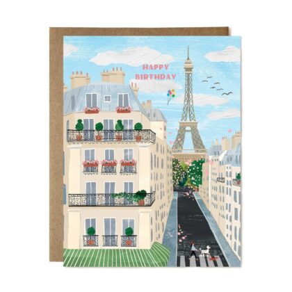 Happy Birthday in Paris - Charming Greeting Card featuring a Parisian street, Eiffel Tower, and pink flower boxes.