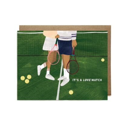 A Love Match - Romantic Greeting Card featuring two tennis players standing together on a green court with tennis balls.
