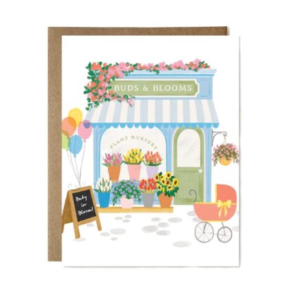 Baby in Bloom - Cute Greeting Card featuring a charming flower shop with colorful potted tulips and a vintage baby carriage.