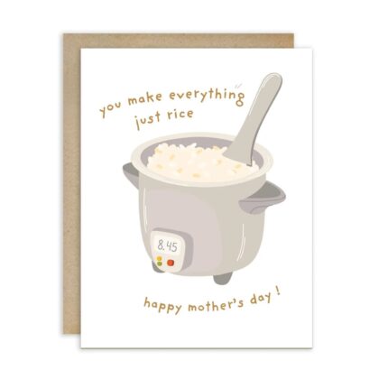 Just Rice Mother's Day - Adorable Cards featuring a cute illustration of a rice cooker with a spoon on a white background.