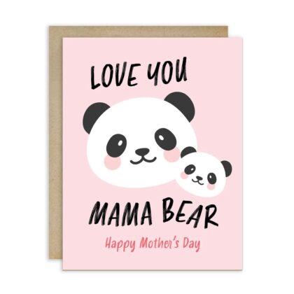 Mama Bear Mother's Day - Cute Cards featuring a sweet illustration of a mother and baby panda on a soft pink background.