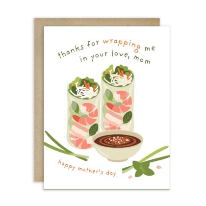 Spring Rolls Mother's Day - Sweet Cards featuring two fresh spring rolls and dipping sauce with elegant typography.