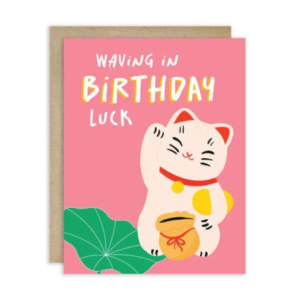 Lucky Birthday - Fun Cute Cards featuring a waving beckoning cat on a pink background with a green lotus leaf.
