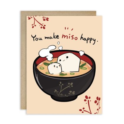 Miso Happy - Cute Greeting Cards featuring a bowl of miso soup with two smiling tofu cubes on a cream background.