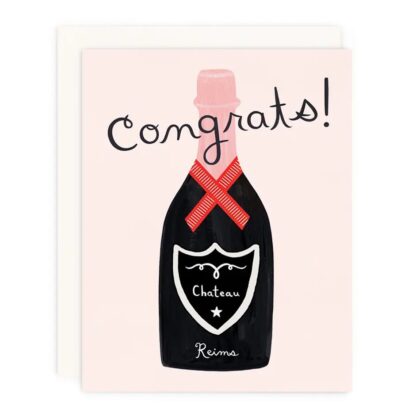 Congrats - Simple Cute Cards featuring a black champagne bottle with a red ribbon on a soft blush pink background.