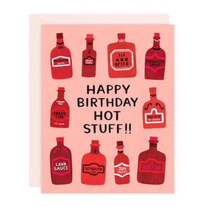 Happy Birthday Hotstuff! Cute Cards for Special Wishes featuring illustrated red hot sauce bottles on a soft pink background.