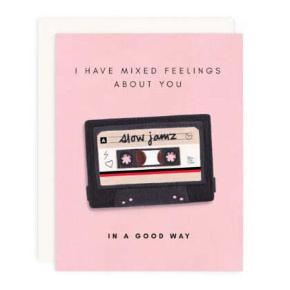 A pink greeting card titled Mixed Feelings Cute Cards for Complex Emotions featuring a vintage cassette tape illustration.