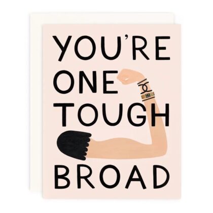 Tough Broad Cute Cards for Strong Women featuring a flexed arm illustration on a soft blush pink background.