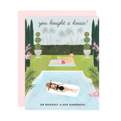 You Bought a House! Cute Cards for New Homeowners featuring a couple relaxing by a pool with pink floral accents.