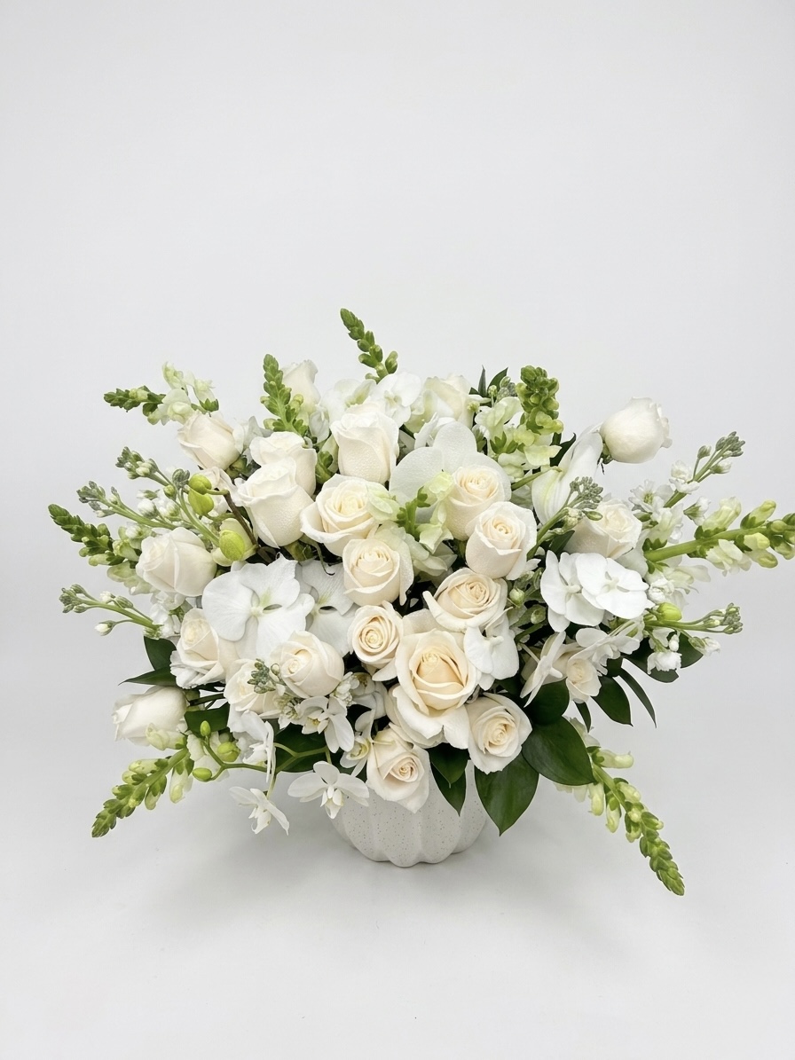 Timeless Ceil De Vanille Ceramic Vase filled with an elegant, lush arrangement of white roses, orchids, and snapdragons.