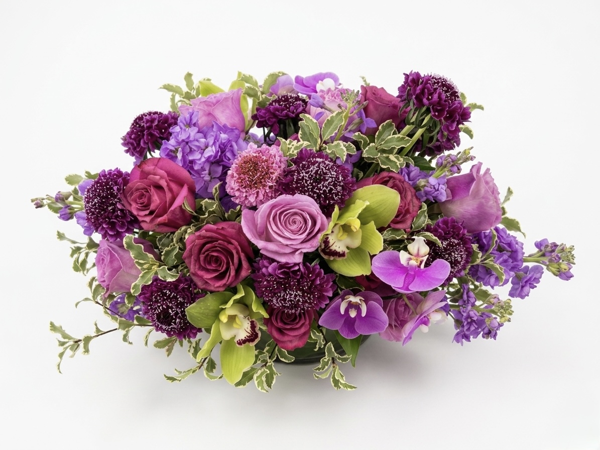 Sucre De Violette – Luxurious Floral Vase featuring deep purple roses, orchids, and scabiosa in a dense arrangement.