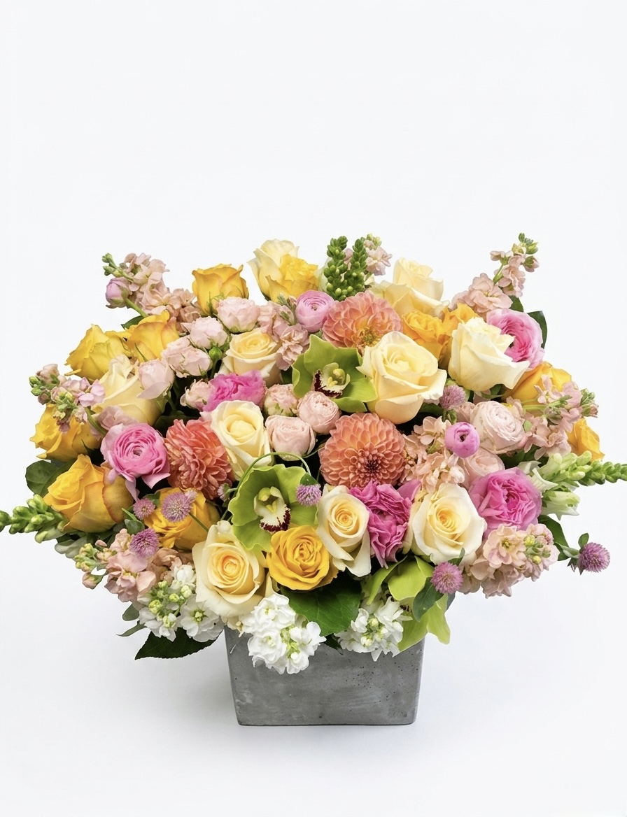 Cheeky Girl – Vibrant Floral Concrete Vase featuring a lush arrangement of yellow, pink, and peach blooms in a grey pot.
