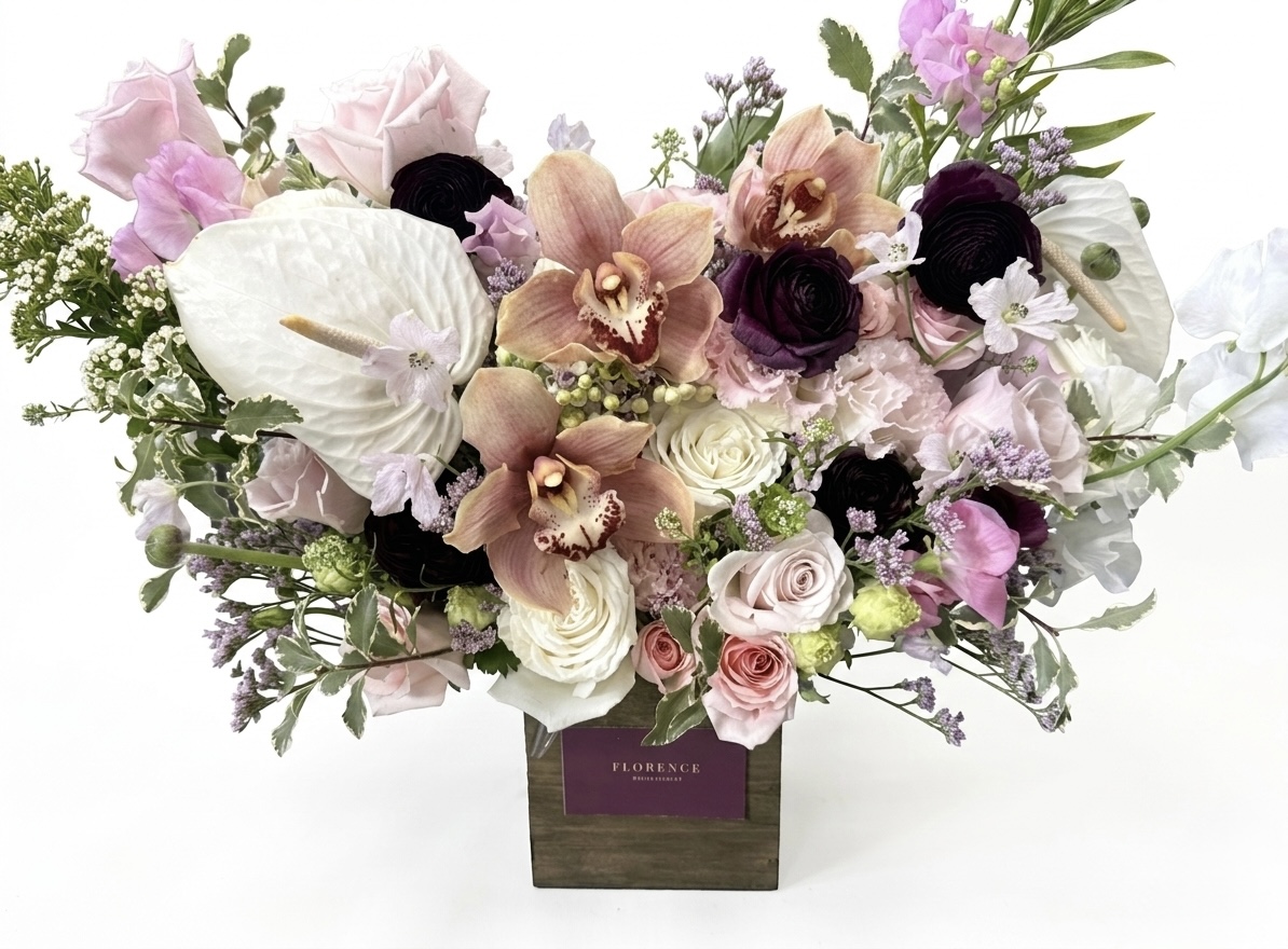 Bisou De Velours – Contemporary Floral Design featuring orchids, roses, and anthuriums in a wooden pot.