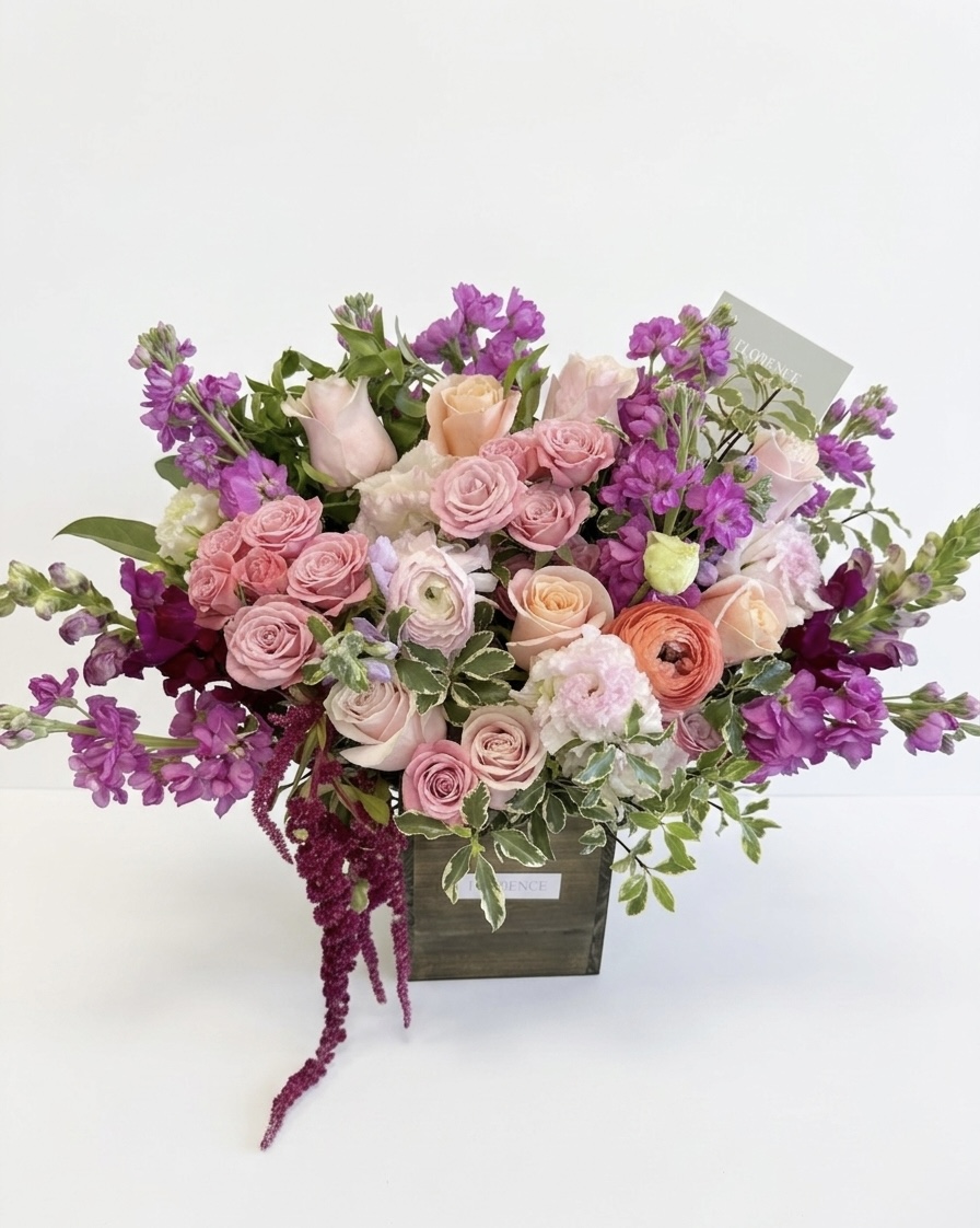 Exquisite Bebe Macaron Wood Pot Arrangement featuring soft pink roses and vibrant purple stock flowers in a rustic box.