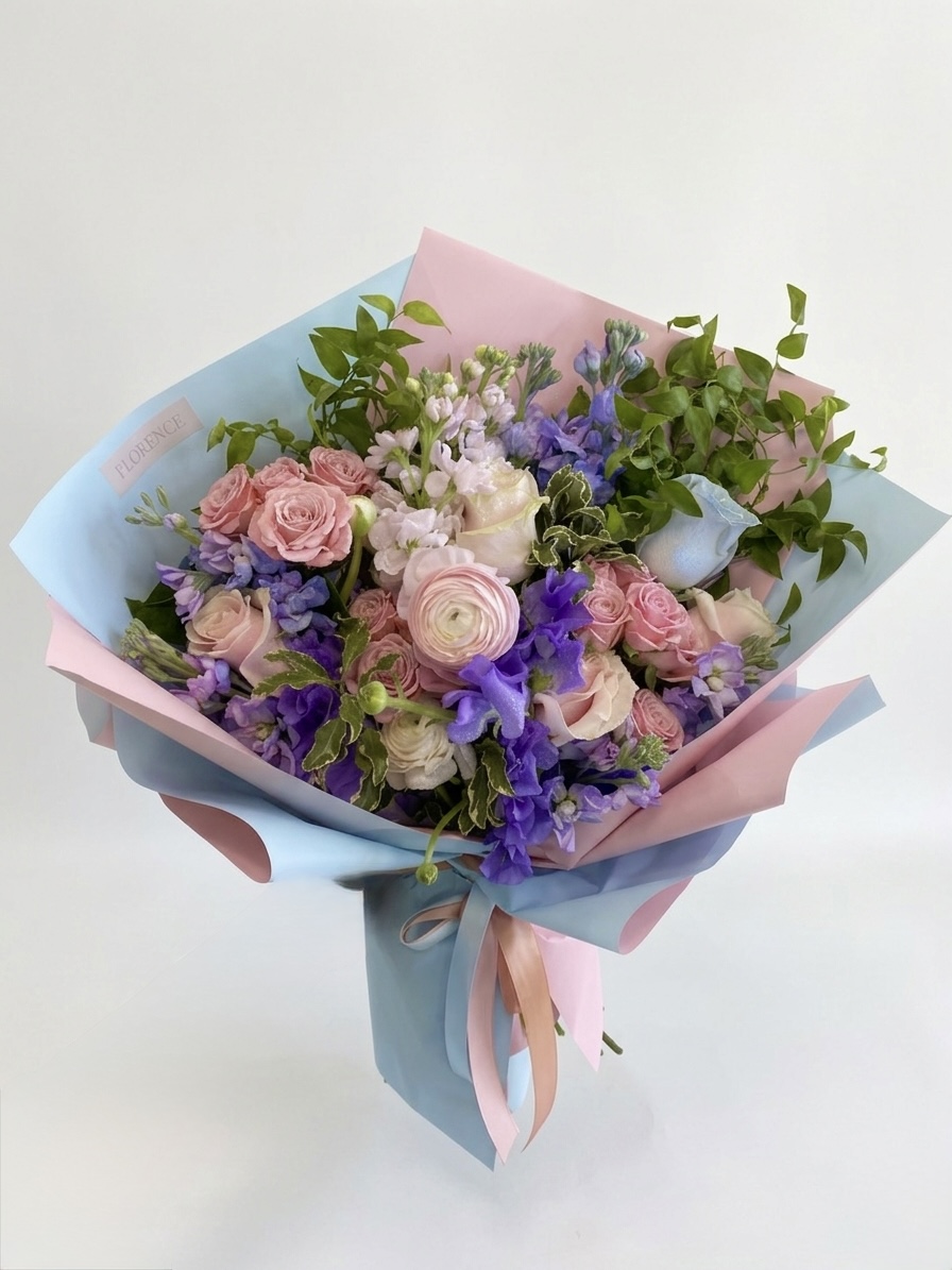Whimsical Bouquet De Cherie Wrapped Bouquet featuring soft pink roses, purple delphiniums, and lush greenery.