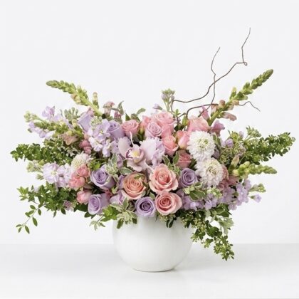 My Juliette - Elegant Ceramic Vase Arrangement featuring pastel roses, orchids, and snapdragons in a white bowl.