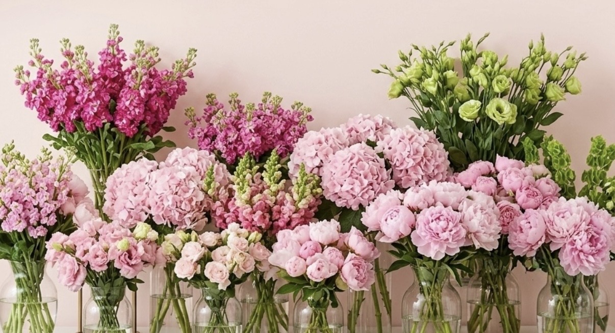 A vibrant arrangement of pink peonies, hydrangeas, and snapdragons in glass vases against a soft pink backdrop.