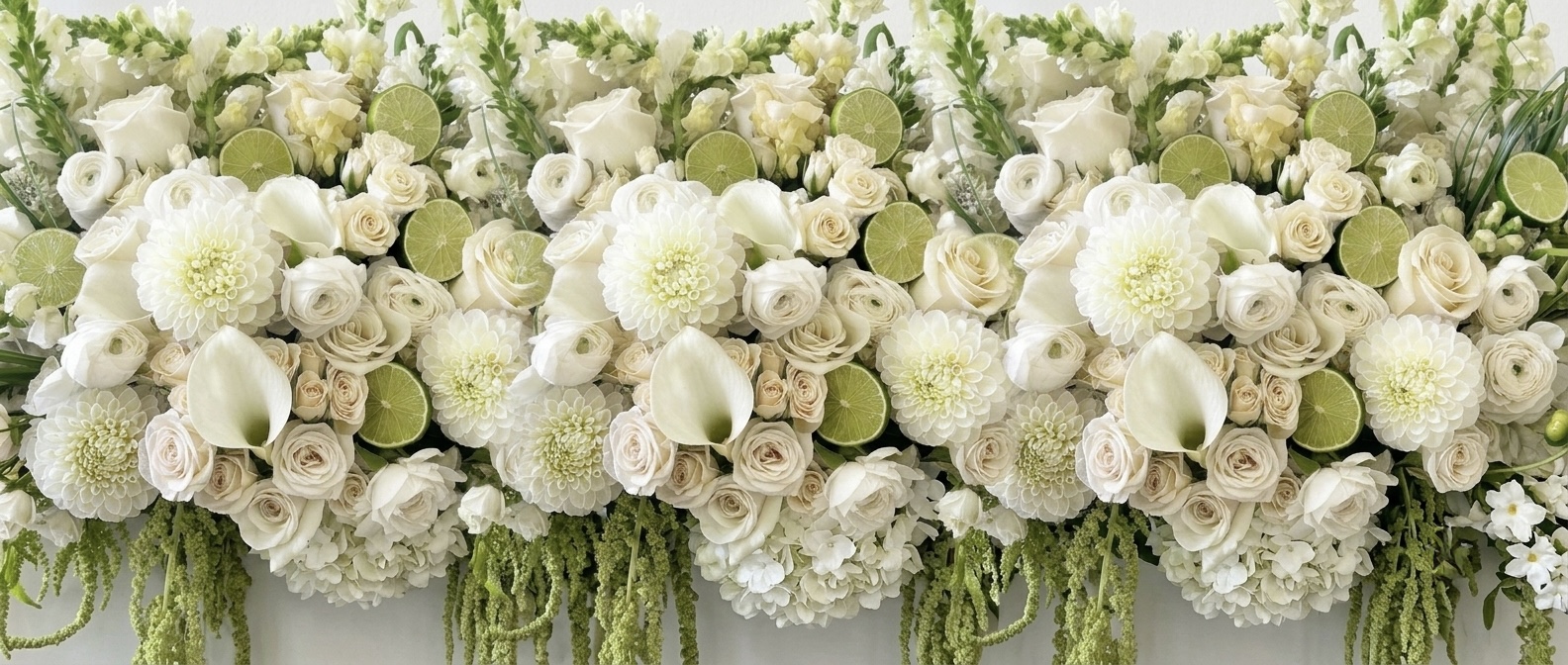 A luxurious floral centerpiece of white dahlias, roses, and calla lilies accented with fresh lime slices.