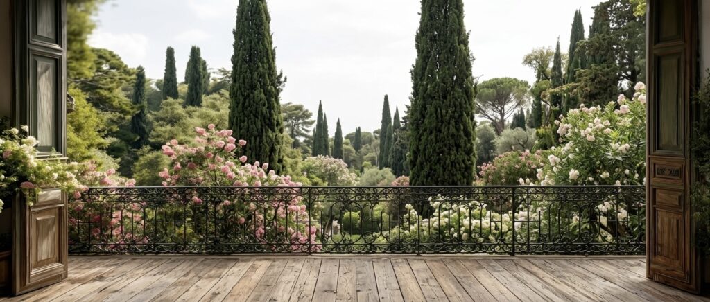 A wooden balcony with ornate iron railings overlooking a lush Mediterranean garden with pink flowers and tall cypresses.