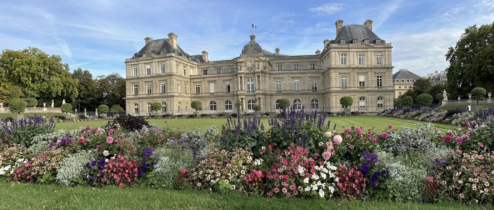 The Luxembourg Palace in Paris behind a vibrant, multi-colored floral garden with tall purple salvia and pink blooms.