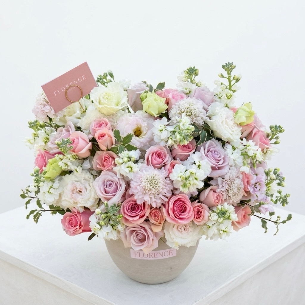 Jardin Privé – Elegant Ceramic Vase Floral Design featuring soft pink and white roses in a rounded arrangement.
