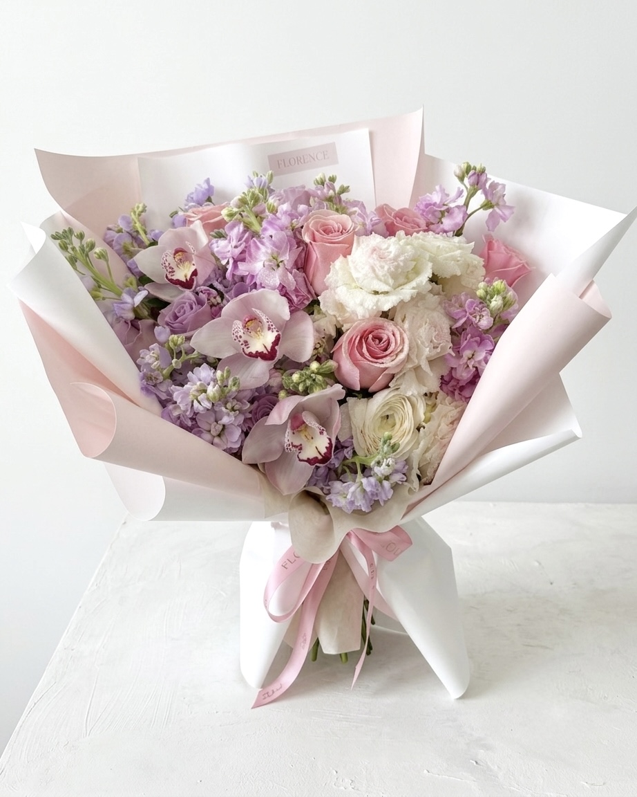 A luxurious bouquet of soft pink roses, lavender stock, and white orchids wrapped in elegant pale pink paper.