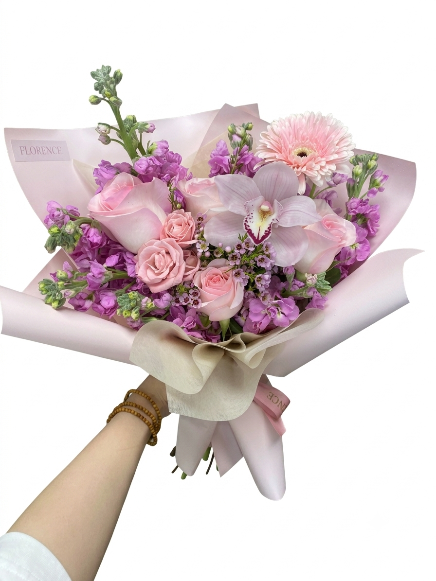 A hand holds a luxurious bouquet of soft pink roses, purple stock, a gerbera daisy, and an elegant cymbidium orchid.