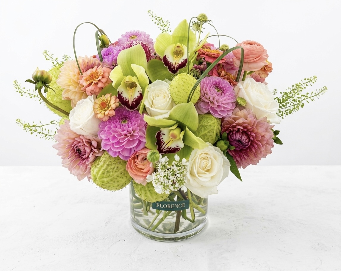 A luxurious floral arrangement of pink dahlias, white roses, and lime green orchids in a clear glass vase.