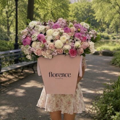 Sienna Fleur - Grand FlowerBox featuring a lush, dense arrangement of pink and white roses, dahlias, and anemones.
