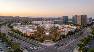 Aerial view of Irvine Spectrum Center with a glowing Ferris wheel at sunset. Flower Delivery in Irvine, CA — Same-Day.